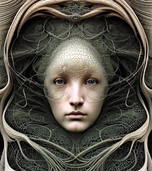 Image similar to detailed realistic beautiful storm goddess face portrait by jean delville, gustave dore, iris van herpen and marco mazzoni, art forms of nature by ernst haeckel, art nouveau, symbolist, visionary, gothic, neo - gothic, pre - raphaelite, fractal lace, intricate alien botanicals, ai biodiversity, surreality, hyperdetailed ultrasharp octane render