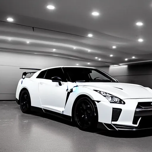 Image similar to 105mm photograph f1.8 full view white Nissan GT-R showroom beautiful lighting from 2022