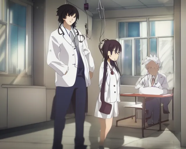 Image similar to a cute young female doctor wearing white coat are talking with an old surgeon in a hospital, slice of life anime, lighting, anime scenery by Makoto shinkai