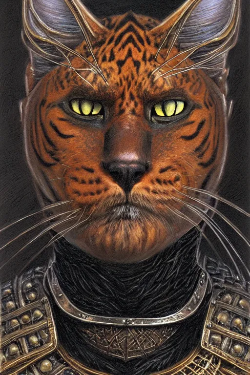 Prompt: head and shoulders portrait of a warrior, tabaxi, black cat, male, breastplate, magical, high fantasy, d & d, by donato giancola, face details, extremely detailed, digital illustration