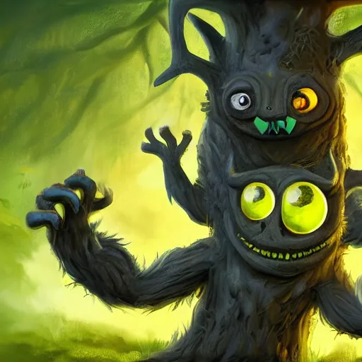 Prompt: cute furry anthropormorphic unusual alien treemonster with big eyes and leafy arms and legs character concept detailed painting 4 k