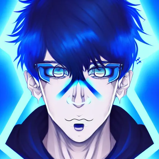 Image similar to a highly detailed portrait of a man with navy blue hair and blue glowing eyes, summoning blue transparent cubes, high detail clothing, concept art, anime, artstation, professional drawing