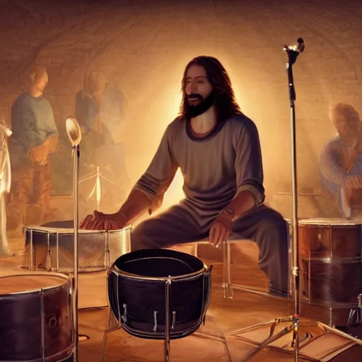 Image similar to a highly detailed realistic photographic render of christ playing drums, realistic, photo realism, hyper realistic, hyper realism, photo realisitc, cinematic render, film, beautifully lit, ray traced, octane 3D render, octane render, unreal engine