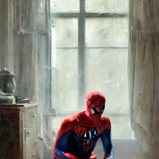 Image similar to portrait of an emotional spiderman, window light, by jeremy mann, anders zorn.