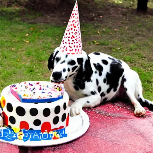 Prompt: photo of dalmatian dog with a birthday cake,