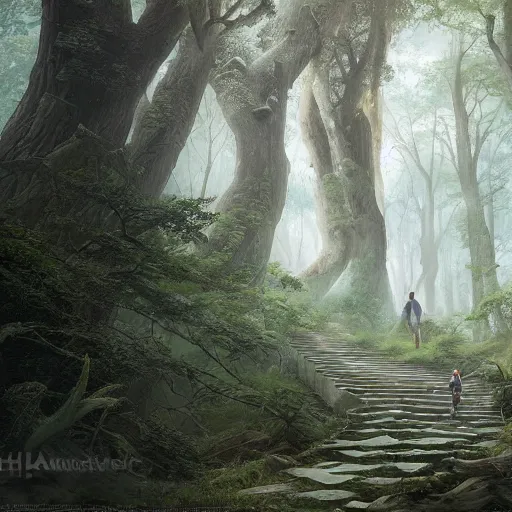 Image similar to a painting of a person walking up a set of stairs in a forest, a detailed matte painting by michael james smith, cgsociety, fantasy art, matte painting, cryengine, vray