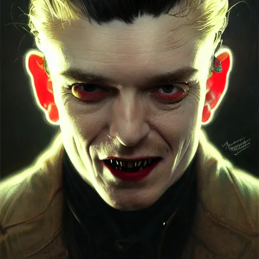 Image similar to portrait painting of joseph quinn eddie munson as a vampire, ultra realistic, concept art, intricate details, eerie, highly detailed, photorealistic, octane render, 8 k, unreal engine. art by artgerm and greg rutkowski and charlie bowater and magali villeneuve and alphonse mucha