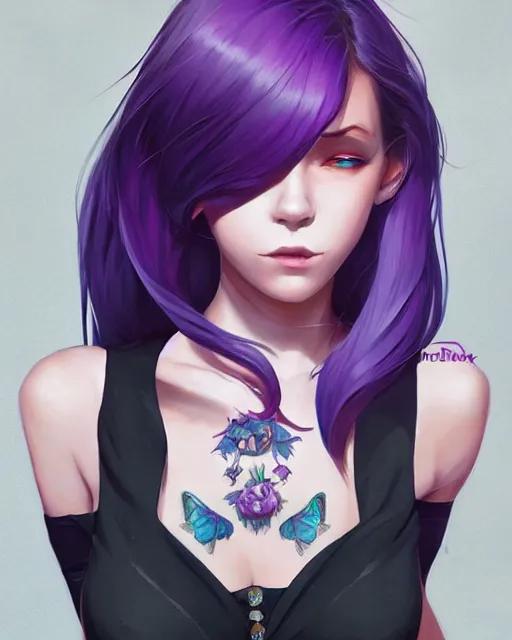 Prompt: beautiful female purple hair tattoo symmetrical happy face stunning eyes full length fantasy art icon, 2d art cover , official fanart behance hd artstation by Jesper Ejsing, by RHADS, Makoto Shinkai and Lois van baarle, ilya kuvshinov, rossdraws