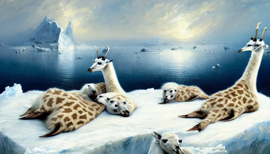 Image similar to highly detailed painting of cute furry white baby seal giraffes with big furry antlers cuddling into each other on a blue and white iceberg by william turner, by greg rutkowski, by william constable, thick brush strokes and visible paint layers, 4 k resolution