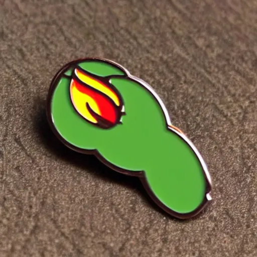 Prompt: minimalistic jalapeno on fire flame circle enamel pin retro design