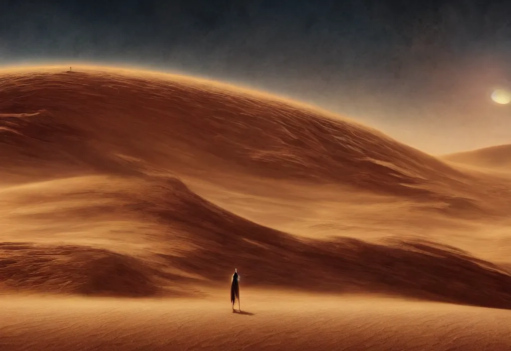 Prompt: a dramatic epic ethereal stunning beautiful and insanely detailed matte painting of Dune movie still, atmospheric and vaporwave composition, digital art by Jean Giraud, winning-award masterpiece, fantastic, octane render, 8K HD Resolution, High quality image