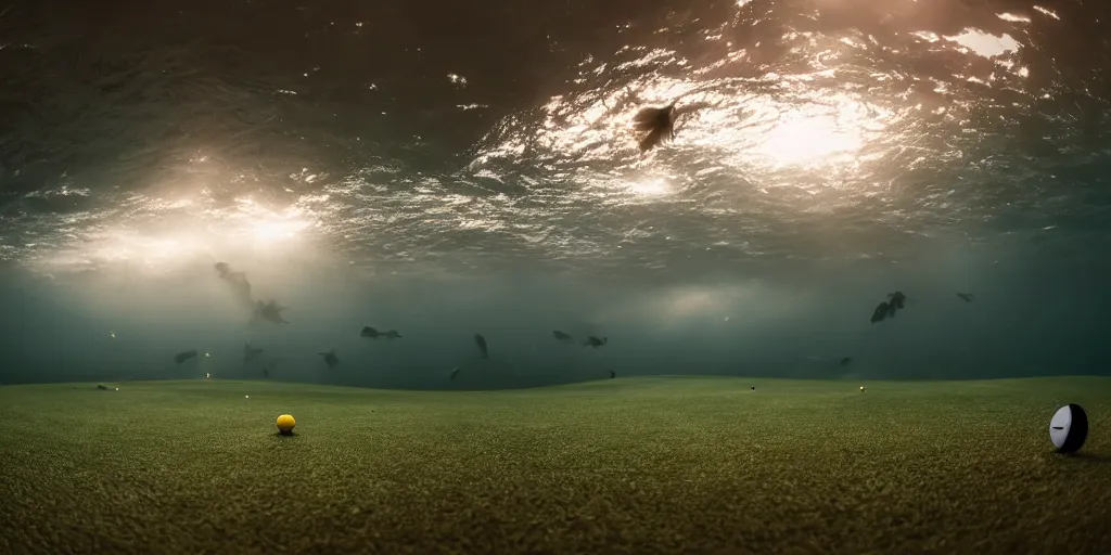 Image similar to a great photograph of the most amazing golf hole in the world under water, fish everywhere, perfect light, ambient light, 5 0 mm, golf digest, top 1 0 0, fog