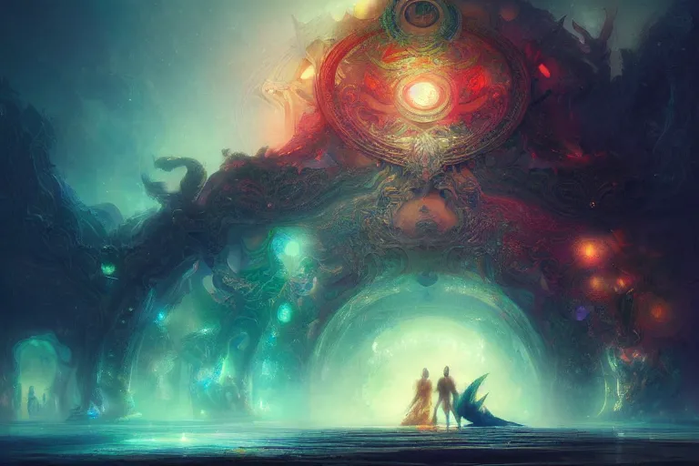 Prompt: a psychedelic realm at the edge of existence where intensely creative astral beings live, the astral beings are embracing each other to share love, in the style of ruan jia, illustration, epic, fantasy, hyper detailed, smooth, unreal engine, sharp focus, ray tracing