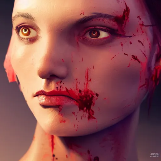 Prompt: impudent facial expression of a shameless woman, Jesus Christ in the background, blood, elegant, trending on artstation, highly detailed, digital painting, volumetric light, concept art, sharp focus, illustration