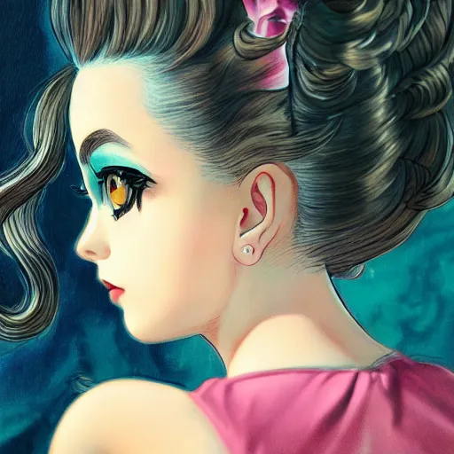 Image similar to beautiful little girl, profile picture, vintage fashion, highly detailed, reflection, 8 k, realistic artwork, hd, inspired by jojo bizarre adventure, 9 0 s anime art style, elegant, makeup