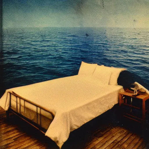 Image similar to grainy Polaroid film photograph of an empty bed with silk sheets floating in the middle of the ocean. super resolution. surreal. Extremely detailed. Polaroid 600 film. by Annie Leibovitz and Richard Avedon