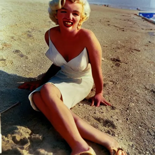 Prompt: marilyn monroe on a greek beach sunbathing, sunny day, happy