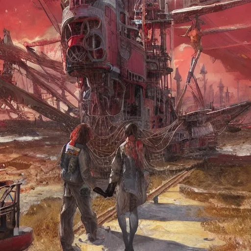 Image similar to red 🧥♀ on a biopunk ship, by jon foster