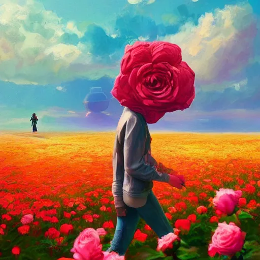Prompt: large rose as a head, girl walking in a flower field, surreal photography, sunrise dramatic light, impressionist painting, colorful clouds, digital painting, artstation, simon stalenhag