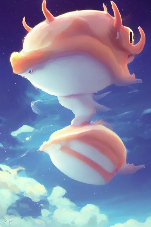 Image similar to a very cute sea slug with long horns, by rhads, makoto shinkai and lois van baarle, johannes voss, low angle fisheye view, sky whith plump white clouds, elegant, highly detailed, artstation, 8 k, unreal engine, hdr, concept art, volumetric lighting matte