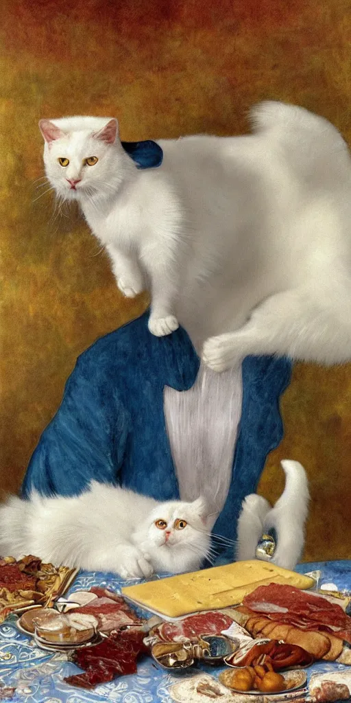 Prompt: a portrait of a male white cat with human blue eyes wearing aristocratic male clothes, cheese and salami on the table, titian, sam spratt, maxfield parrish, gustav klimt, tom bagshaw, mark ryden, alphonse mucha, rembrandt, high quality, painting, oil