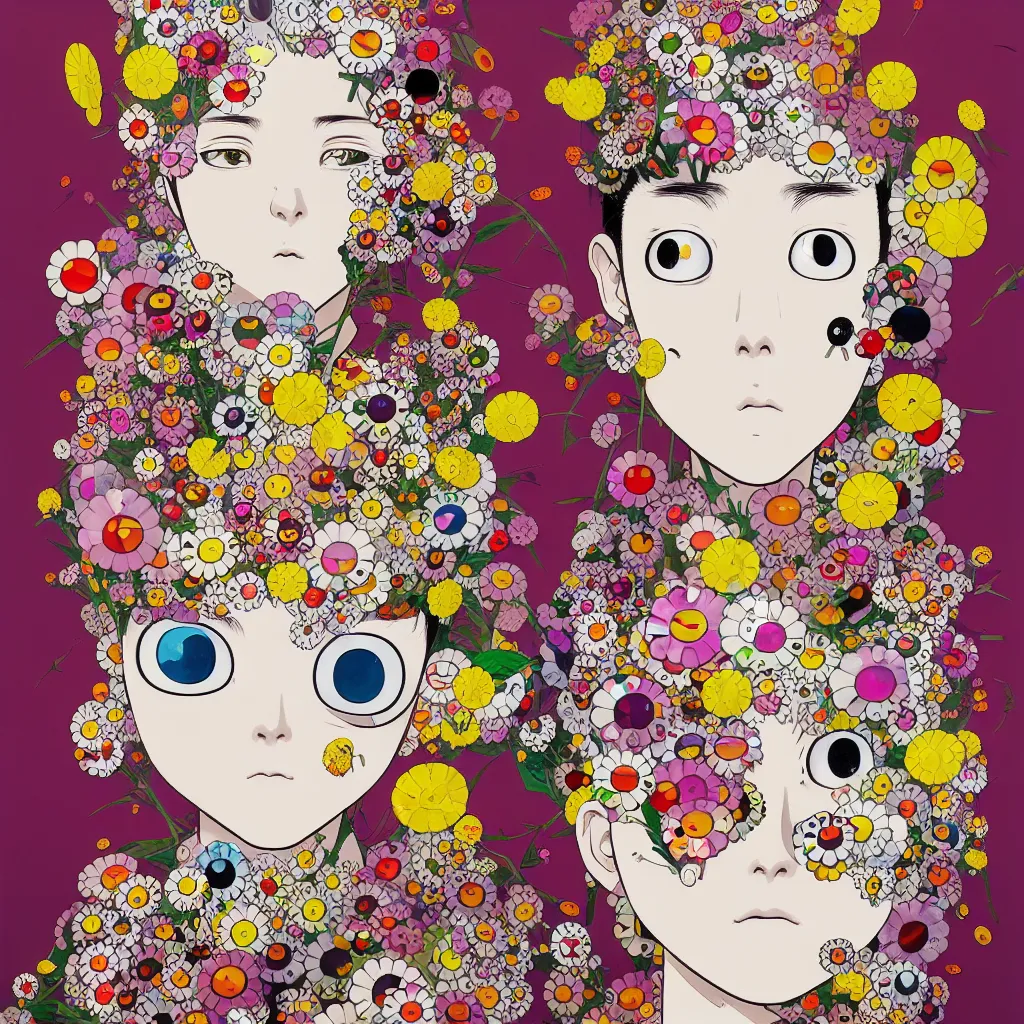 Image similar to prompt: Fragile portrait of singular persona covered with random flowers illustrated by Katsuhiro Otomo, inspired by Takashi Murakami and 1990 anime, smaller cable and cyborg parts as attributes, eyepatches, illustrative style, intricate oil painting detail, manga and anime 1990