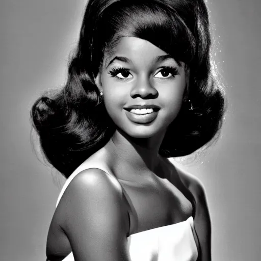 Prompt: black and white photo of a beautiful and elegant 1 9 6 5 young black actress