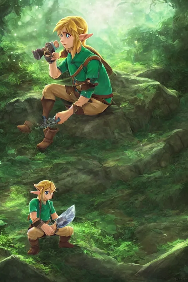 Image similar to a concept scene illustration of link sitting in woods of hyrule playing ocarina, with a crystal texture and a dreamy atmosphere ， super wide angle ， matte painting ， rtx on ， trending on cgsociety and artstation