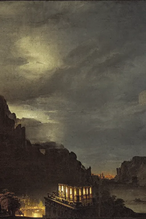 Prompt: dark fantasy matte painting of a city-size pipe organ hanging on the side of a massive cliff at night, dark stormy weather by Canaletto and Bellotto