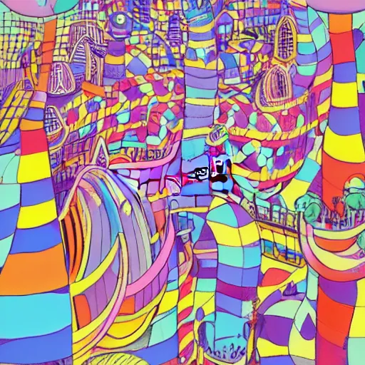 Prompt: fanciful city filled with curvy buildings, by dr seuss, the lorax, on beyond zebra, platforms, towers, bridges, stairs, colorful kids book illustration