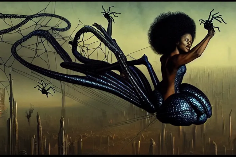 Prompt: realistic detailed portrait movie shot of a beautiful black woman riding a giant spider, dystopian city landscape background by denis villeneuve, amano, yves tanguy, alphonse mucha, max ernst, ernst haeckel, kehinde wiley, caravaggio, david lynch, roger dean, cyber necklace, rich moody colours, sci fi patterns, dramatic, wide angle