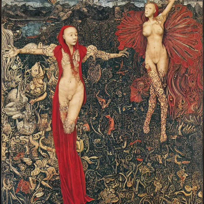 Prompt: a wide landscape with a tattood alien girl with fish scales and feathers changing into a plant while the stars shine above like flower by jan van eyck, ernst fuchs, nicholas kalmakoff, joep hommerson, character, full body, catsuit, max ernst, hans holbein, lace