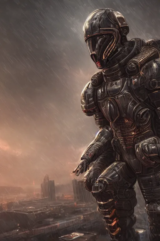 Image similar to ultra realist and ultra intricate detailed soft painting of a beautiful sci-fi armored male, from the waist up, sci-fi helmet, symmetry features, sensual gloomy style, volumetric clouds, cyberpunk burning building background, artstation, unreal render, depth of field