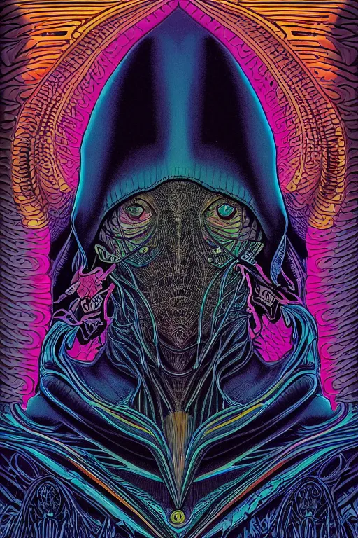 Prompt: portrait of black and psychedelic grainshading print by dan mumford, moebius, goblinko, richard corben, wayne barlowe, heavy metal comic cover art, psychedelic triangular skeleton, very intricate, thick outline, full body, symmetrical face, long black crown, in a shapes background, galactic dark colors