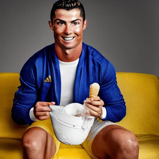 Prompt: a promo portrait of cristiano ronaldo crying sitting in a sofa, eating a bucket of ice cream,