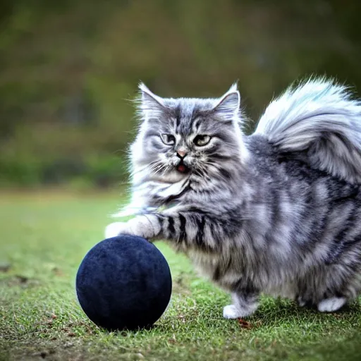 Image similar to gray Russian Siberian cat playing with a miniature earth ball, destruction, epic, dramatic, photo