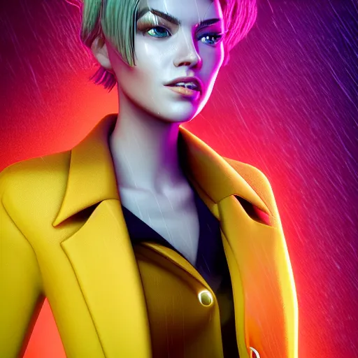 Image similar to stylish woman cartoon portrait made out of rain, pinstripe suit, short blond hair, galactic background, rendered in octane, unreal engine, highly detailed, trending on artstation, realistic, neon, beautiful