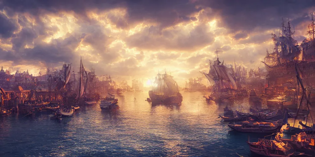 Image similar to beautiful seventeenth century harbour city, vivid colors, gorgeous clouds, god rays, digital art, landscape, fantasy art, octane render, ureal engine, high detail, very realistic, by ross tran