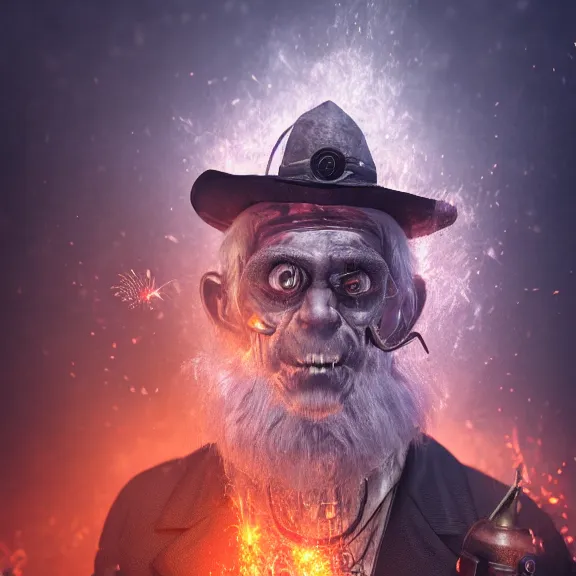 Image similar to a portrait of a steampunk elderly man as a demon on hell, dark, foggy, eerie, splash, sparkle, smoke, particles, octane render, unreal engine, artstation, digital art.