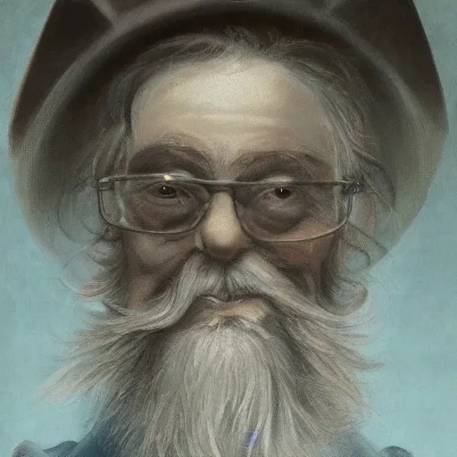 Prompt: face portrait of a very old wizard with long silver hair and beard and light blue eyes, small half - moon glasses and a long crooked nose, highly detailed, digital painting