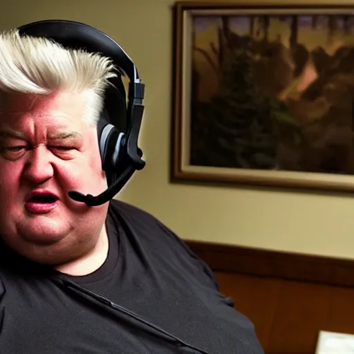 Image similar to obese David Lynch wearing a headset yelling at his monitor while playing WoW highly detailed wide angle lens 10:9 aspect ration award winning photography Twin Peaks