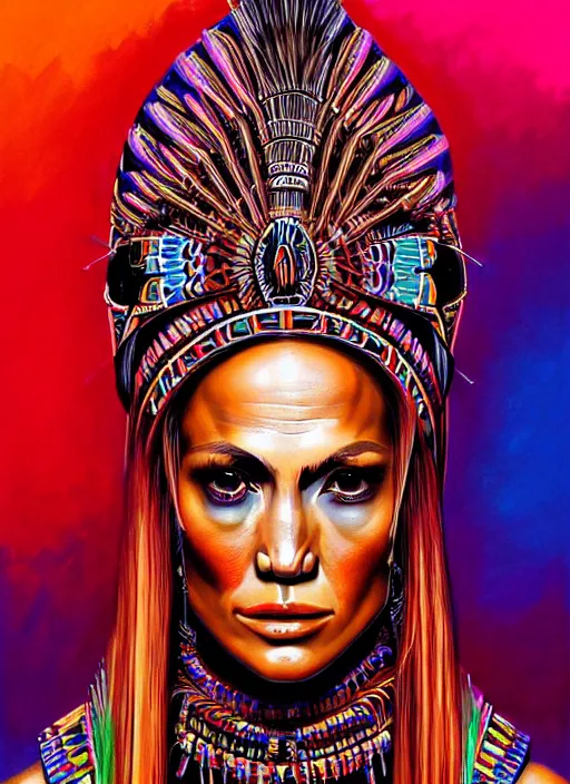Image similar to portrait of jennifer lopez, hyper detailed ultra sharp aztec shaman warrior. trending on artstation, warpaint aesthetic, bloodwave, colorful, psychedelic, ornate, intricate, digital painting, concept art, smooth, sharp focus, illustration, art by artgerm and greg rutkowski and h. r. giger, 8 k