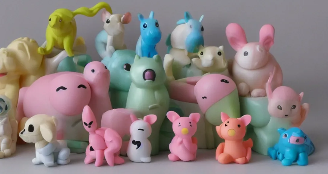 Image similar to some cute plastic toys that look like animal characters, pastel colors