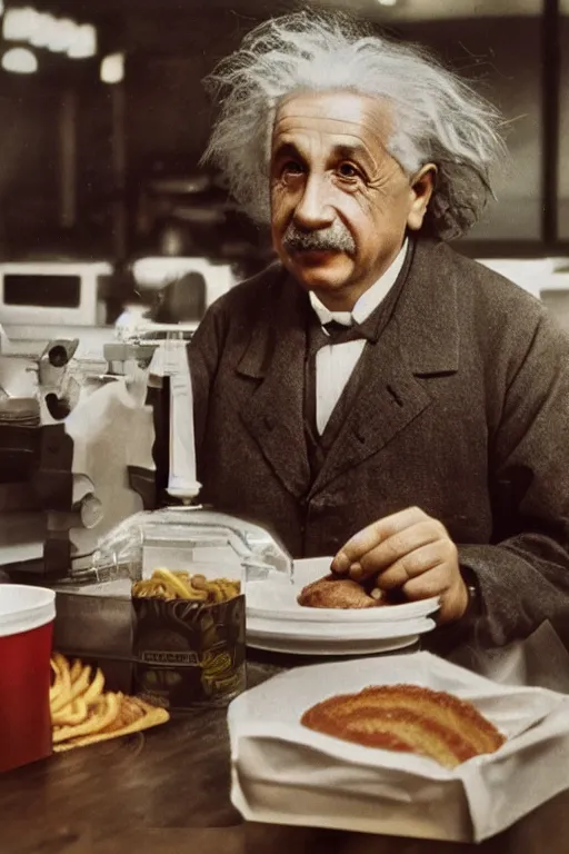 Prompt: intricate color photo of albert einstein, working in mcdonalds serving a customer, 8 k octane beautifully detailed render