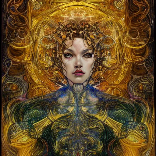 Prompt: Divine Chaos Engine portrait by Karol Bak, Jean Deville, Gustav Klimt, and Vincent Van Gogh, celestial, sacred geometry, visionary, mystic, fractal structures, ornate realistic gilded medieval icon, spirals