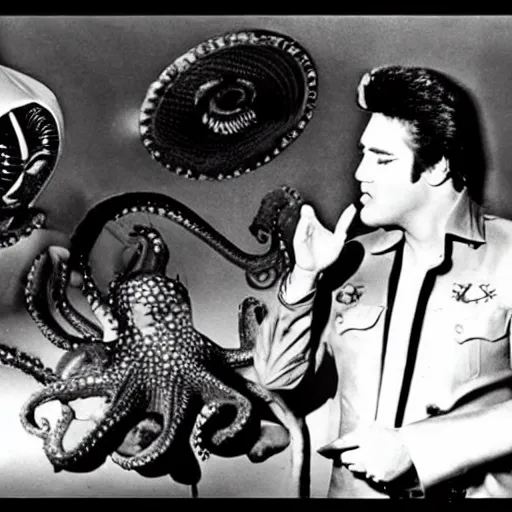 Image similar to photograph of elvis meeting octopus aliens from another world, in alien spaceship