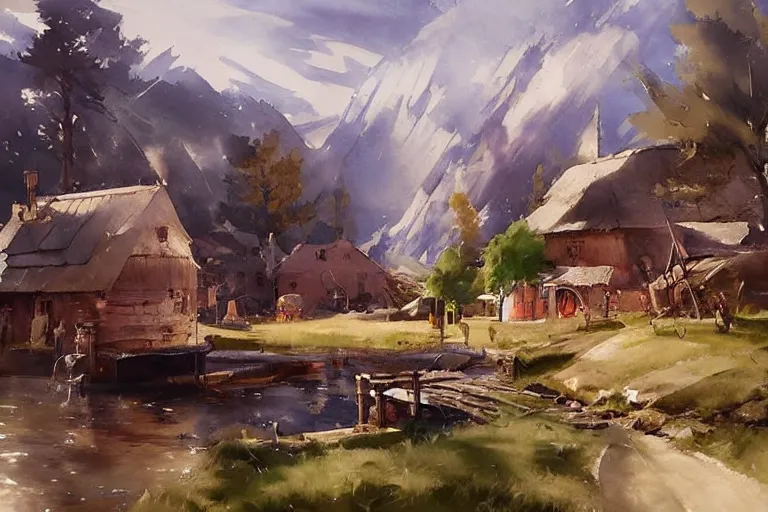 Image similar to paint brush strokes, abstract watercolor painting of rustic village at midday, ambient lighting, art by hans dahl, by jesper ejsing, art by anders zorn, wonderful masterpiece by greg rutkowski, cinematic light, american romanticism by greg manchess, creation by tyler edlin