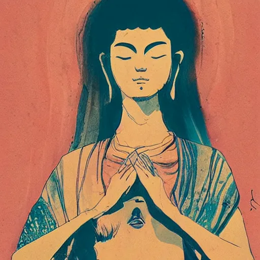 Image similar to contented female bodhisattva, praying meditating, portrait by Conrad Roset