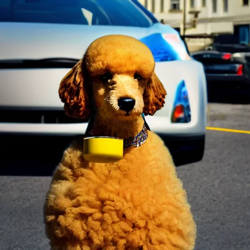 Prompt: a closeup photorealistic photograph of a poodle licking a glass jar of yellow mustard. a toyota prius is in the background. professional capture. brightly lit scene. this 4 k hd image is trending on artstation, featured on behance, well - rendered, extra crisp, features intricate detail, epic composition and the style of unreal engine.