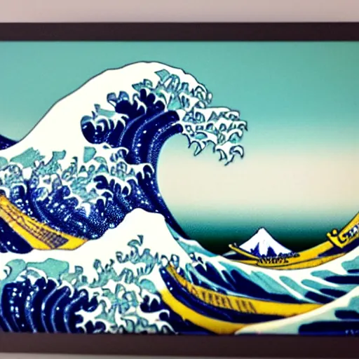 Image similar to the great wave off kanagawa made of lego, soft lighting